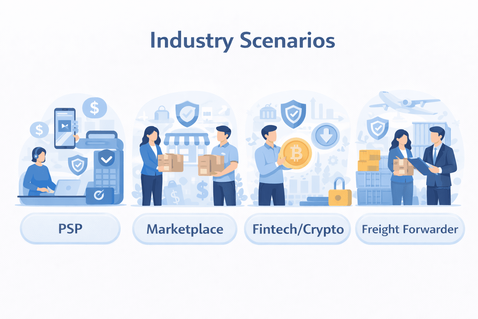 Module 5 — Industry Scenarios (PSP, Marketplace, Fintech/Crypto, Freight Forwarder)