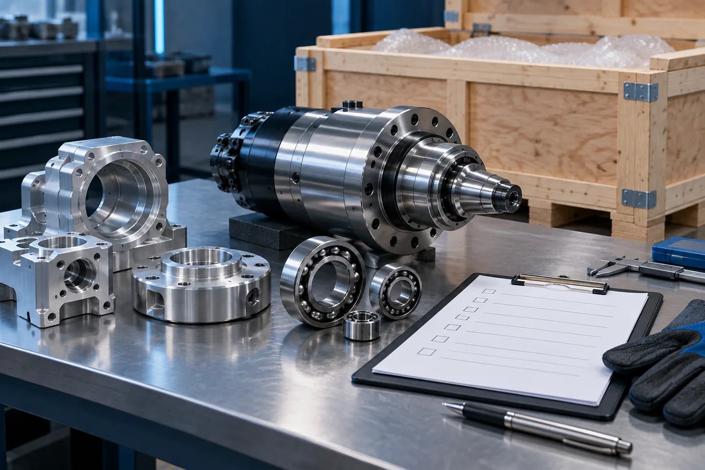 CNC spindle, machined metal parts and bearings prepared for an export packing review