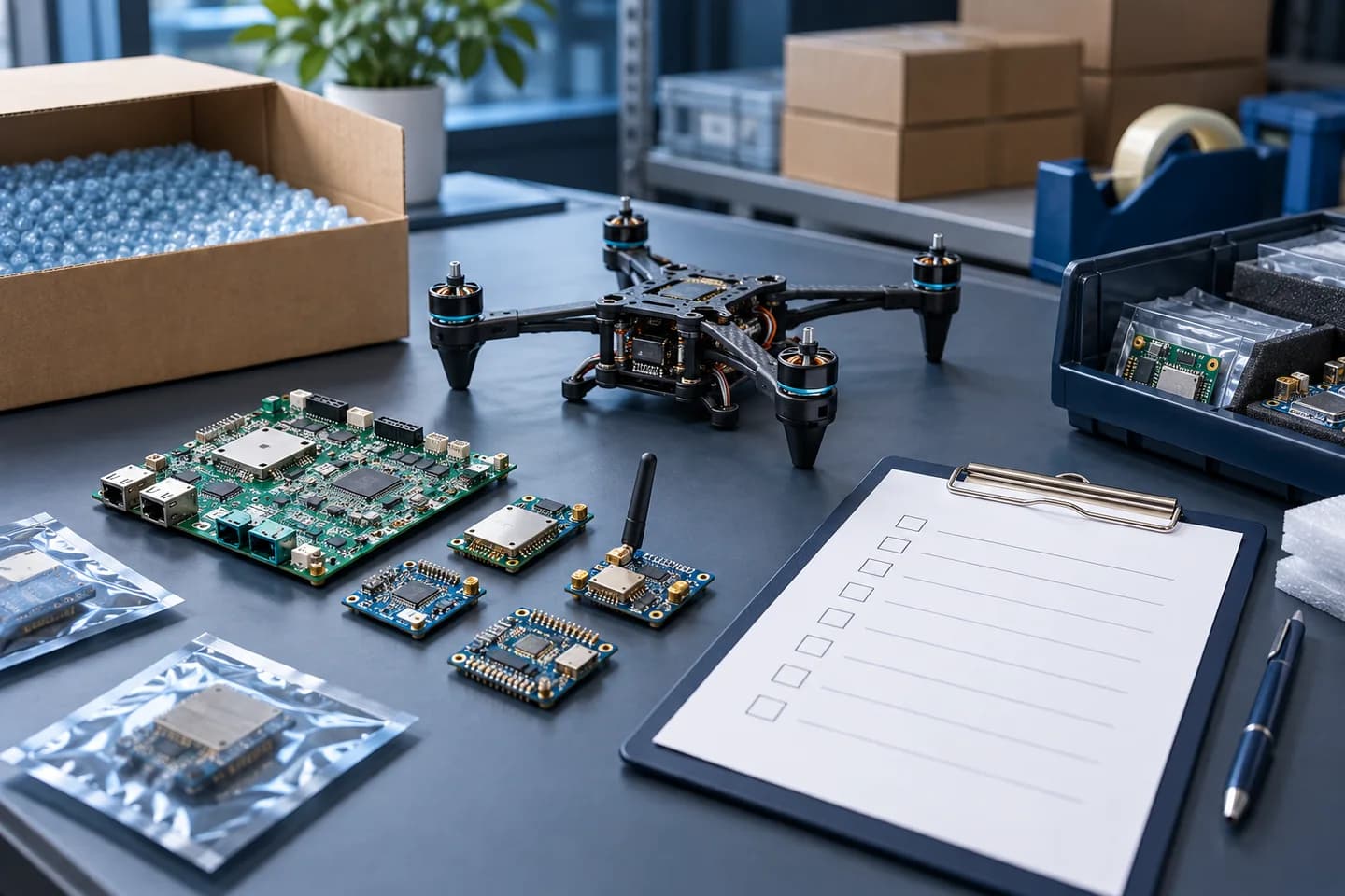 Electronic boards, radio modules and a civilian drone frame on a shipping inspection bench
