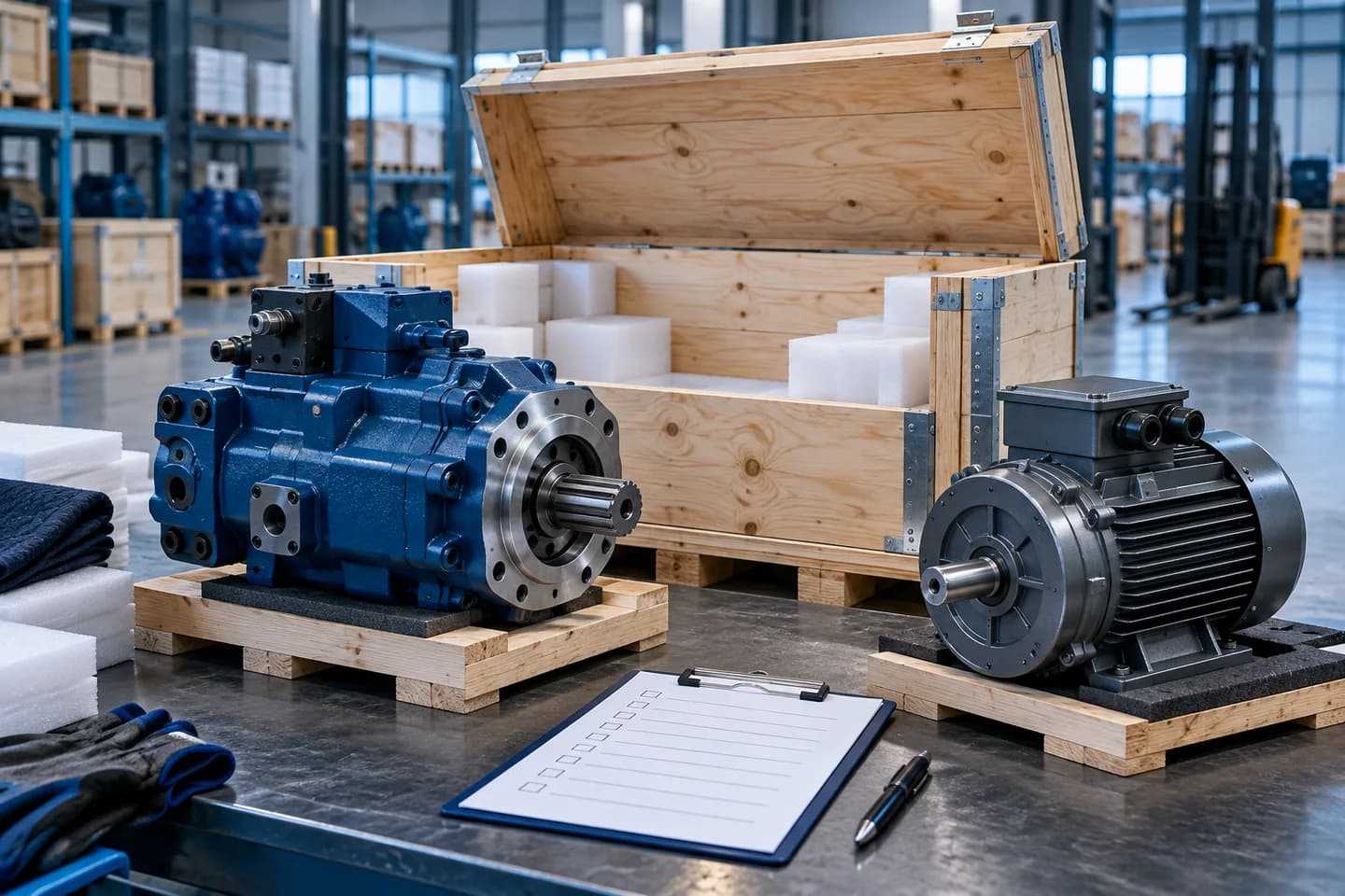 Industrial pump and motor beside an export crate in a machinery warehouse