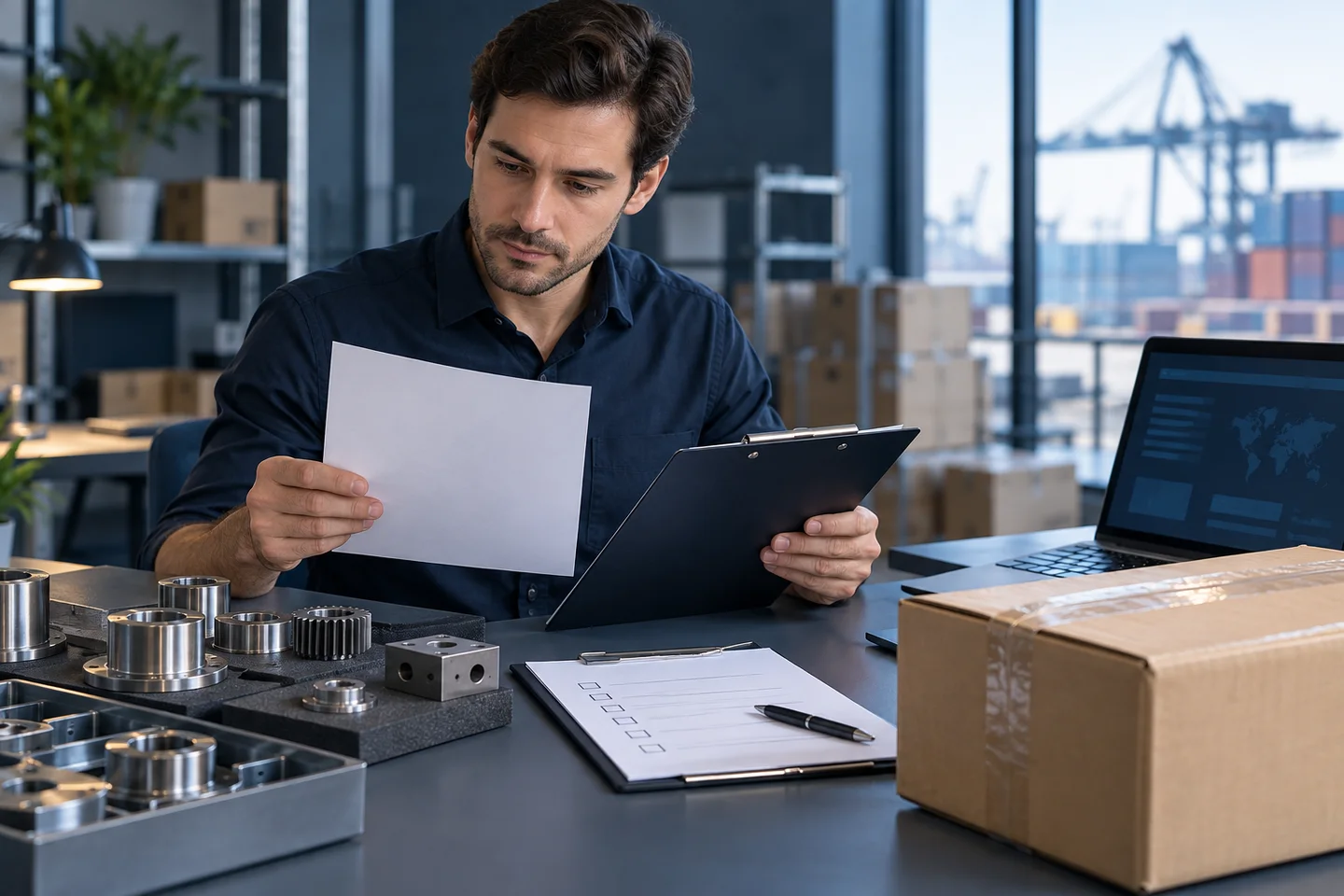 Wholesale merchant reviewing company documents beside precision parts and an export parcel