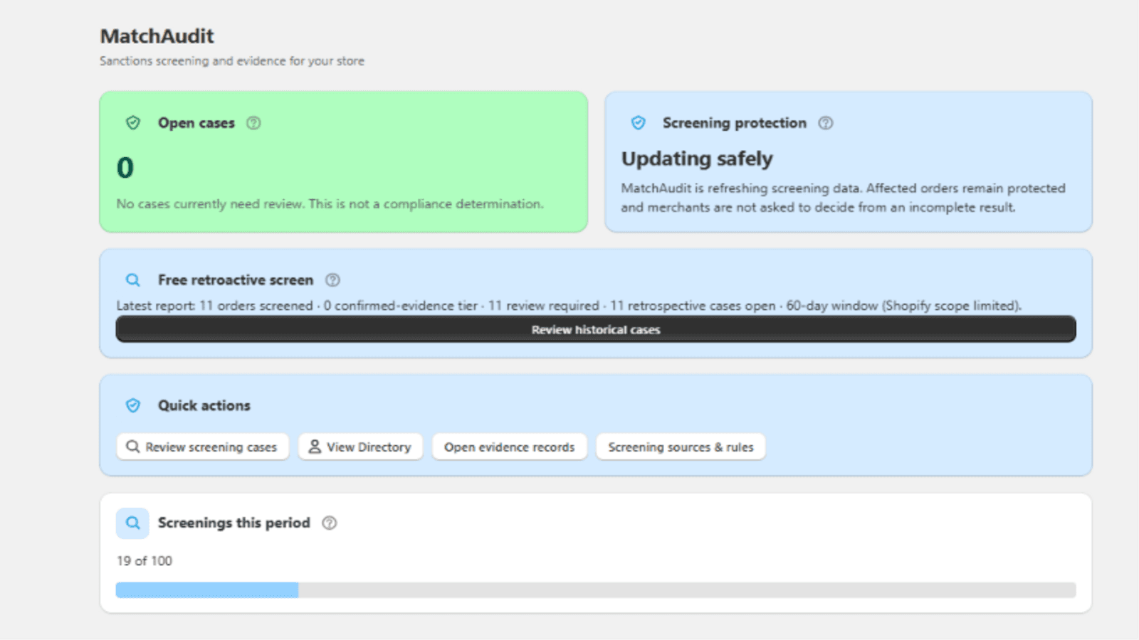 Actual MatchAudit dashboard showing open cases, screening protection, retroactive screening and quick actions