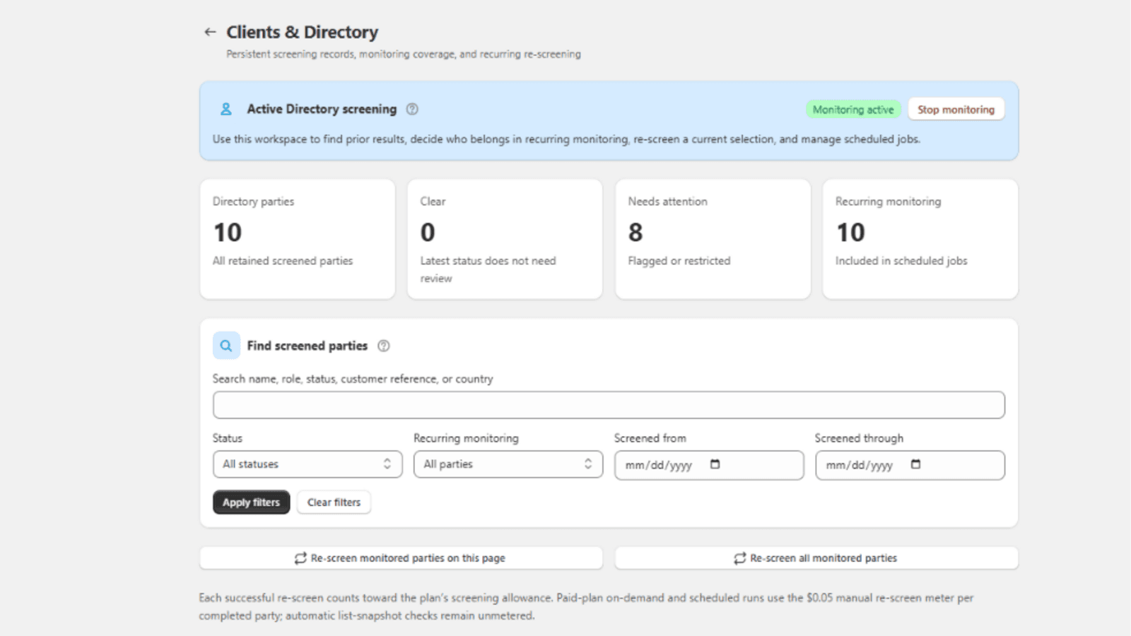 MatchAudit Directory screenshot showing screened-party records and screening controls