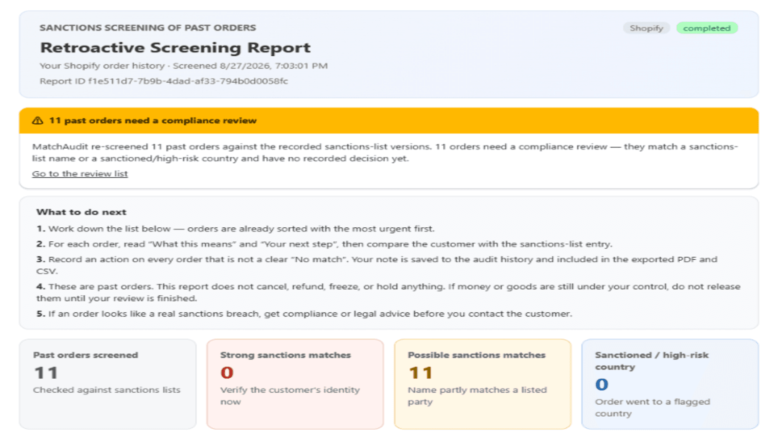 MatchAudit public app screenshot of retroactive sanctions and country-risk screening