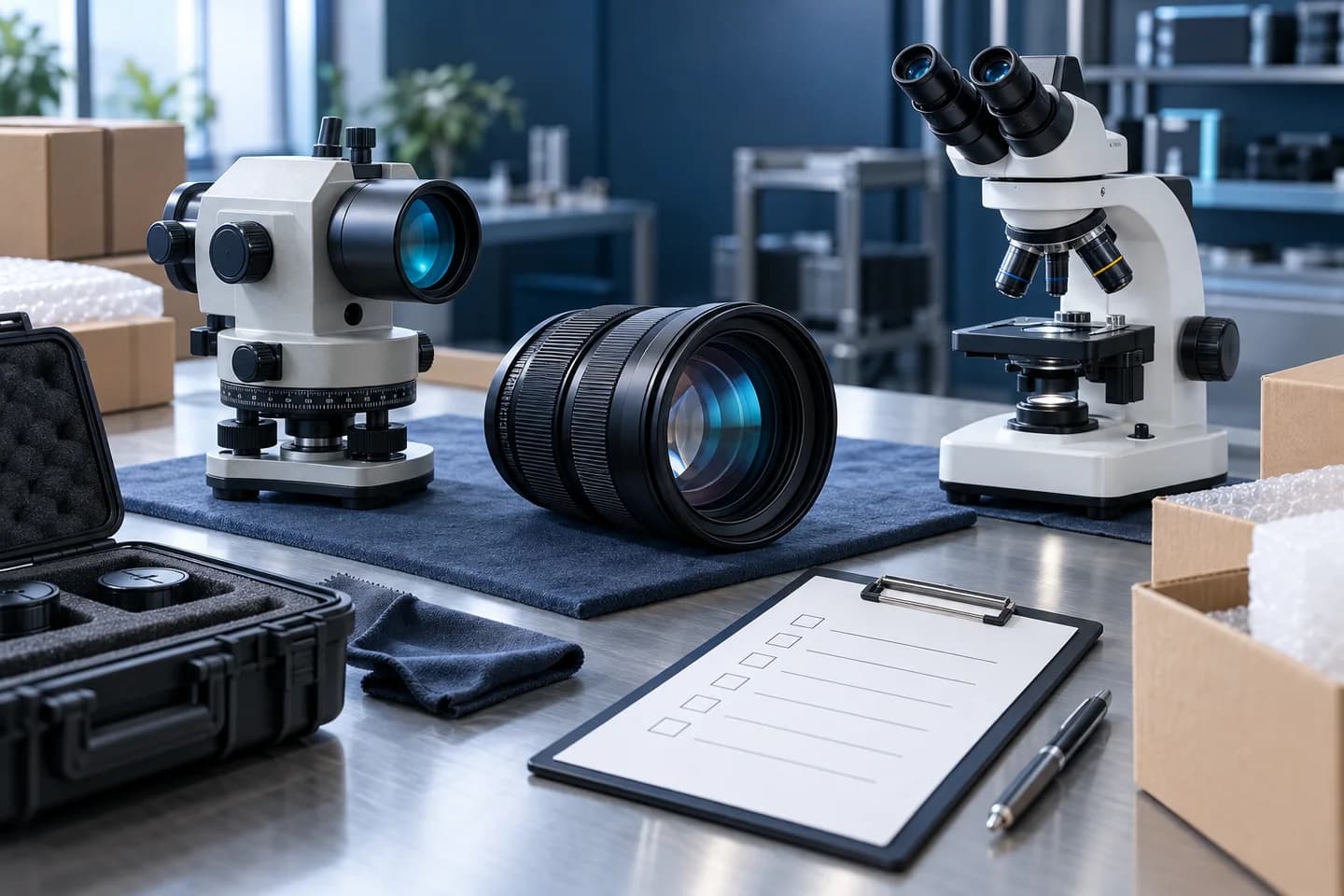 Optical lens, scientific camera and microscope arranged for a laboratory equipment shipping review