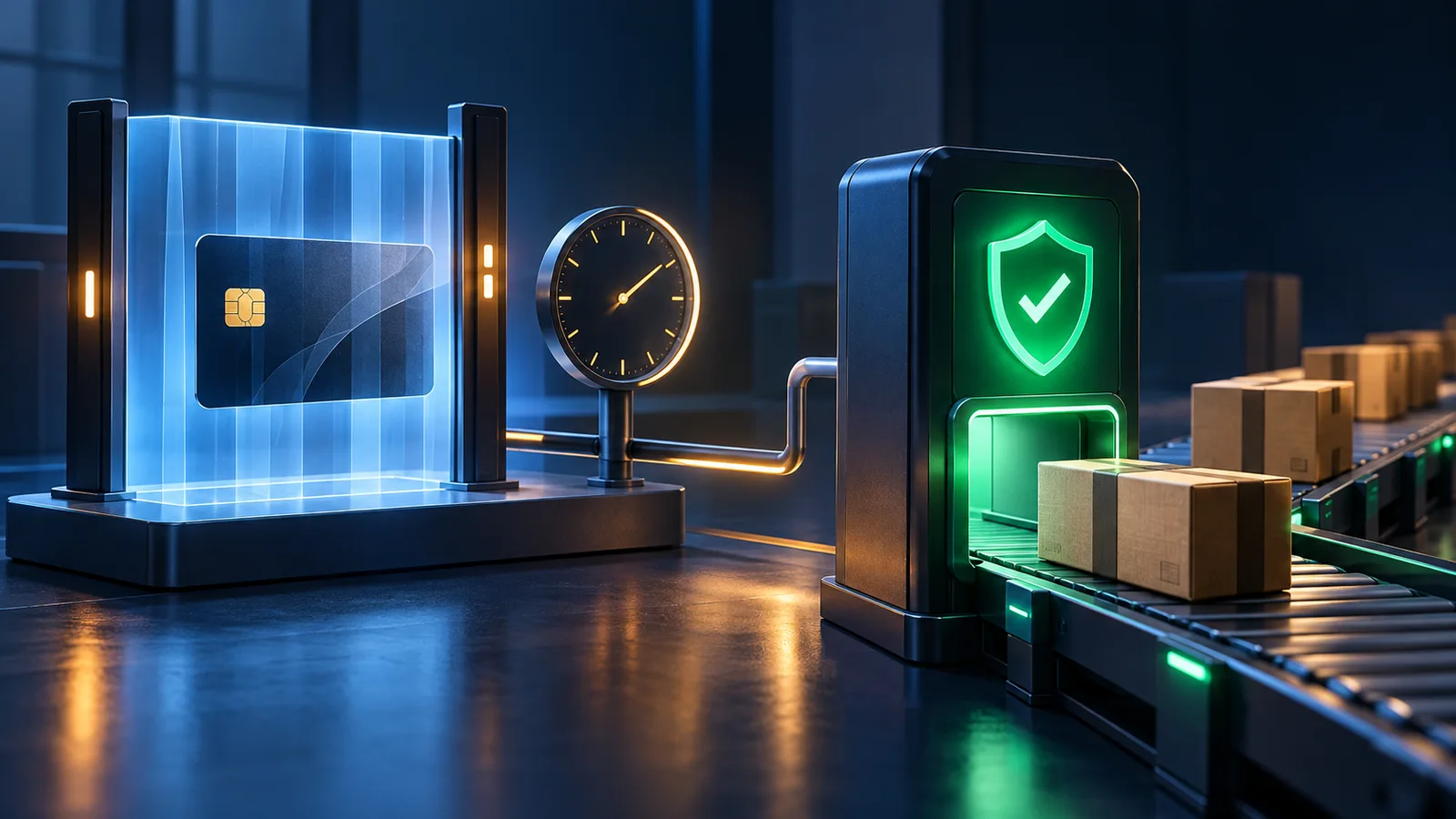 A payment card and clock waiting behind a review gate beside a separate parcel conveyor