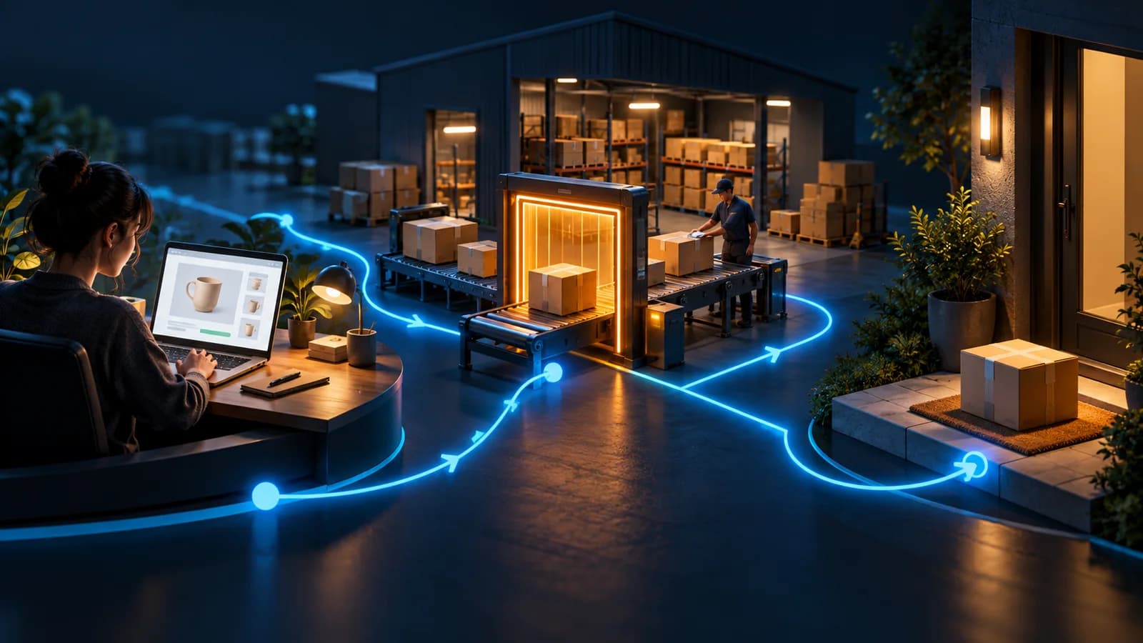 Connected merchant, supplier warehouse and recipient stations with a screening gate before dispatch