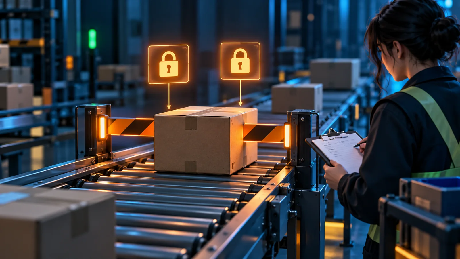 A warehouse parcel stopped by two separate hold markers while a reviewer checks a clipboard