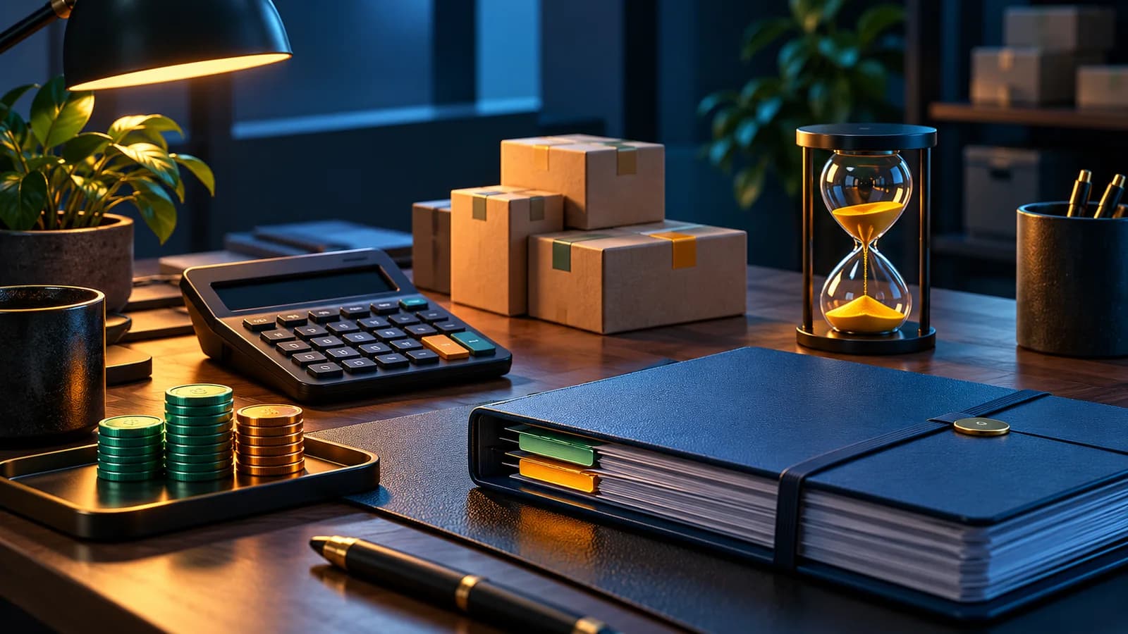 A merchant desk with a calculator, parcel tokens, timer and organized ledger for screening cost planning