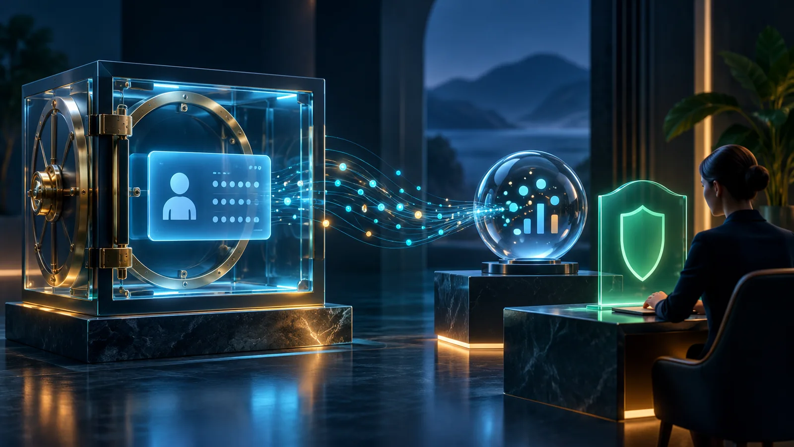 A customer identity card protected in a glass vault beside a separate anonymized analysis stream