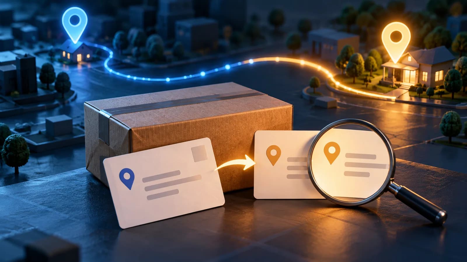 A parcel with blank address cards and a route changing from a blue destination pin to an amber pin