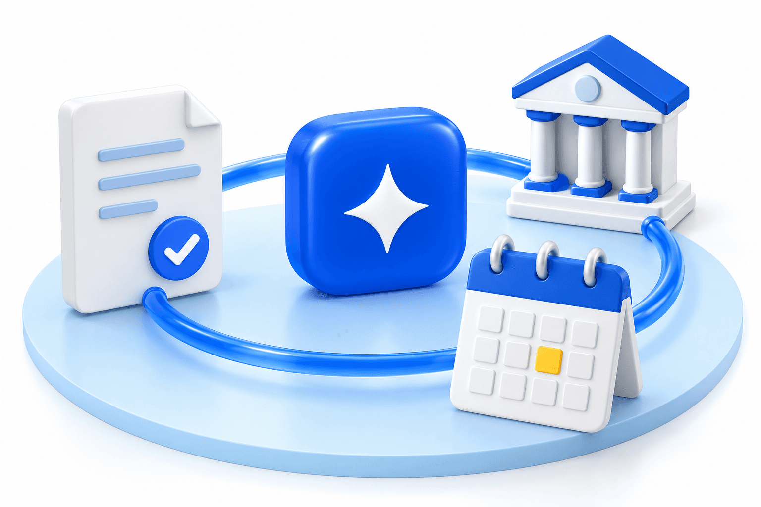 Bright blue documents, a renewal calendar and an enterprise customer stay connected around an AI hub.
