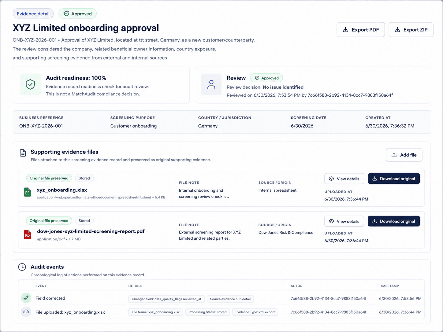 MatchAudit evidence detail screen showing onboarding approval, supporting evidence files, export actions, and audit events.