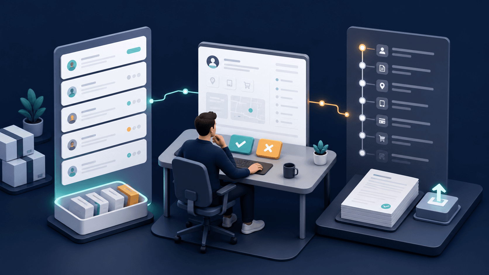 A reviewer working through screened Shopify orders, a decision, and the resulting evidence trail