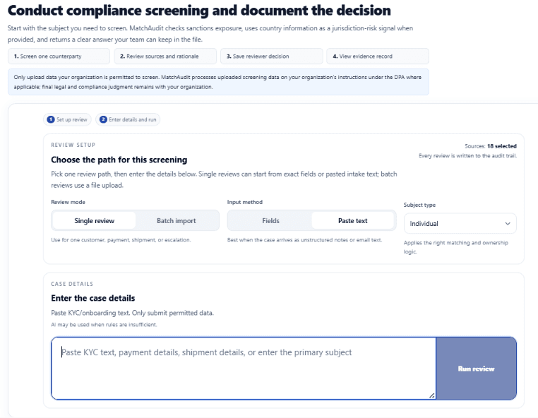 Illustrative MatchAudit screening workflow with review setup and a human decision path