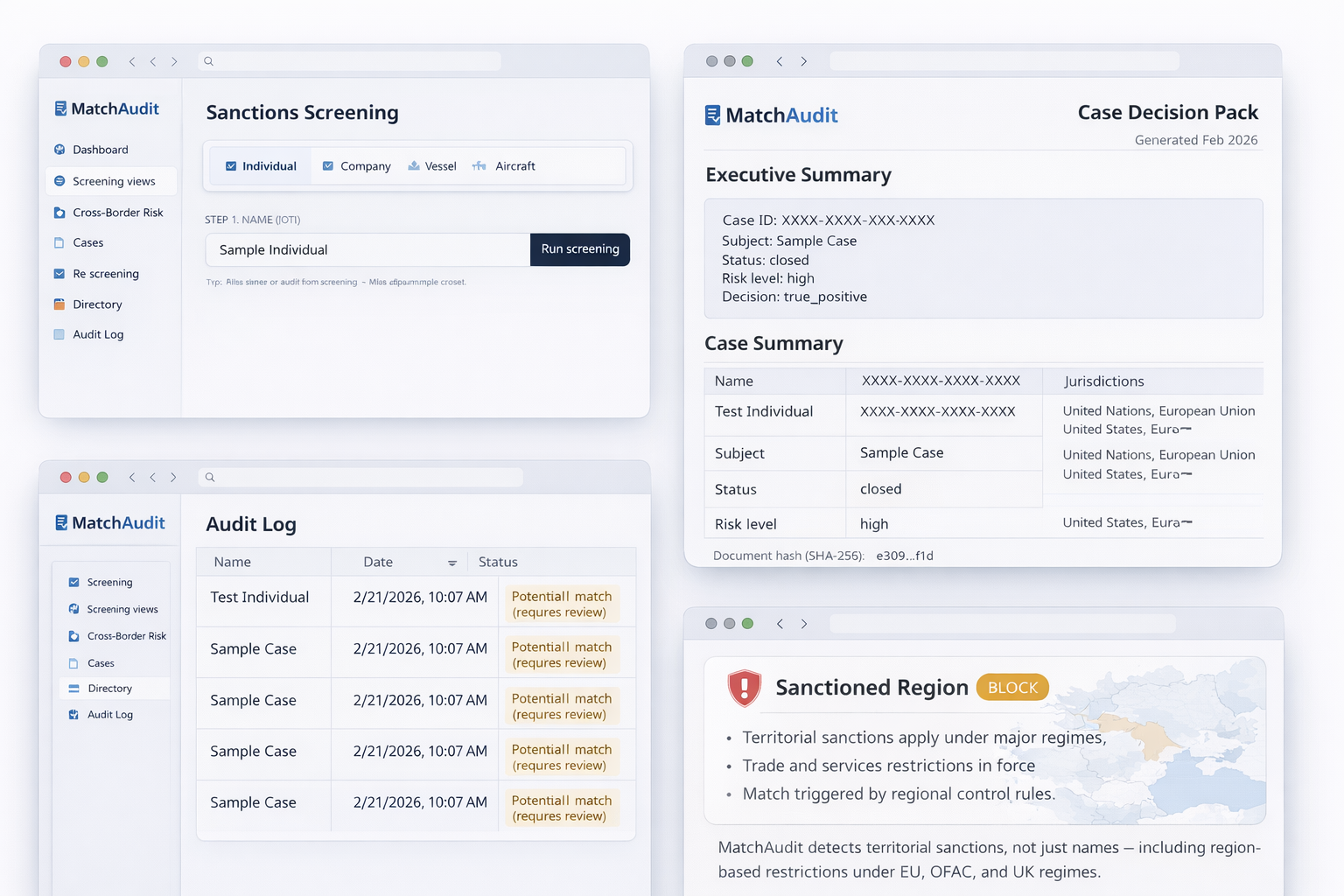 Dashboard preview showing Sanctions Screening, Audit Log, Case Decision Pack, and Cross-Border Risk Screening using region, city, country, and IP address.
