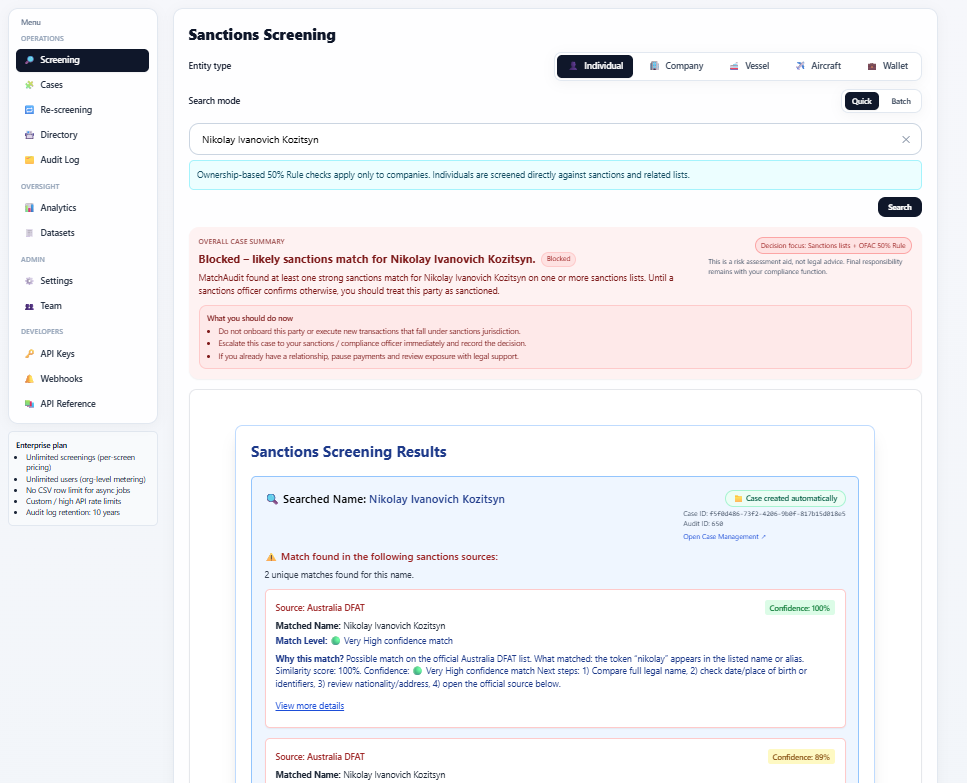 MatchAudit sanctions screening results